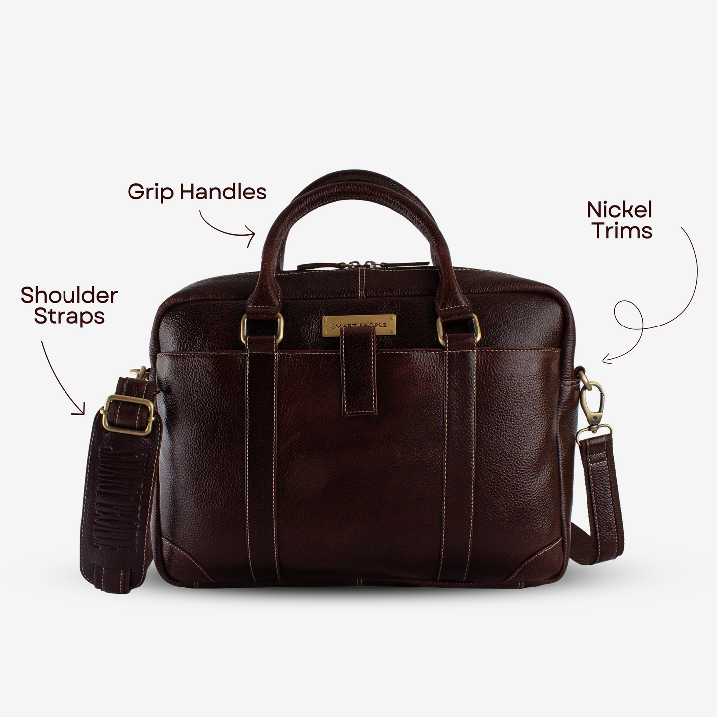 Brown leather briefcase with labeled features on a white background