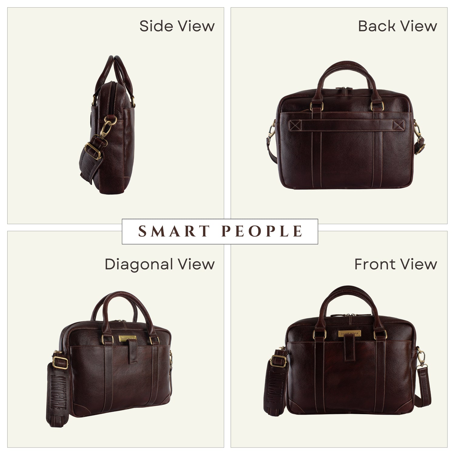 Brown leather briefcase shown from multiple angles on a white background with 'Smart People' branding.
