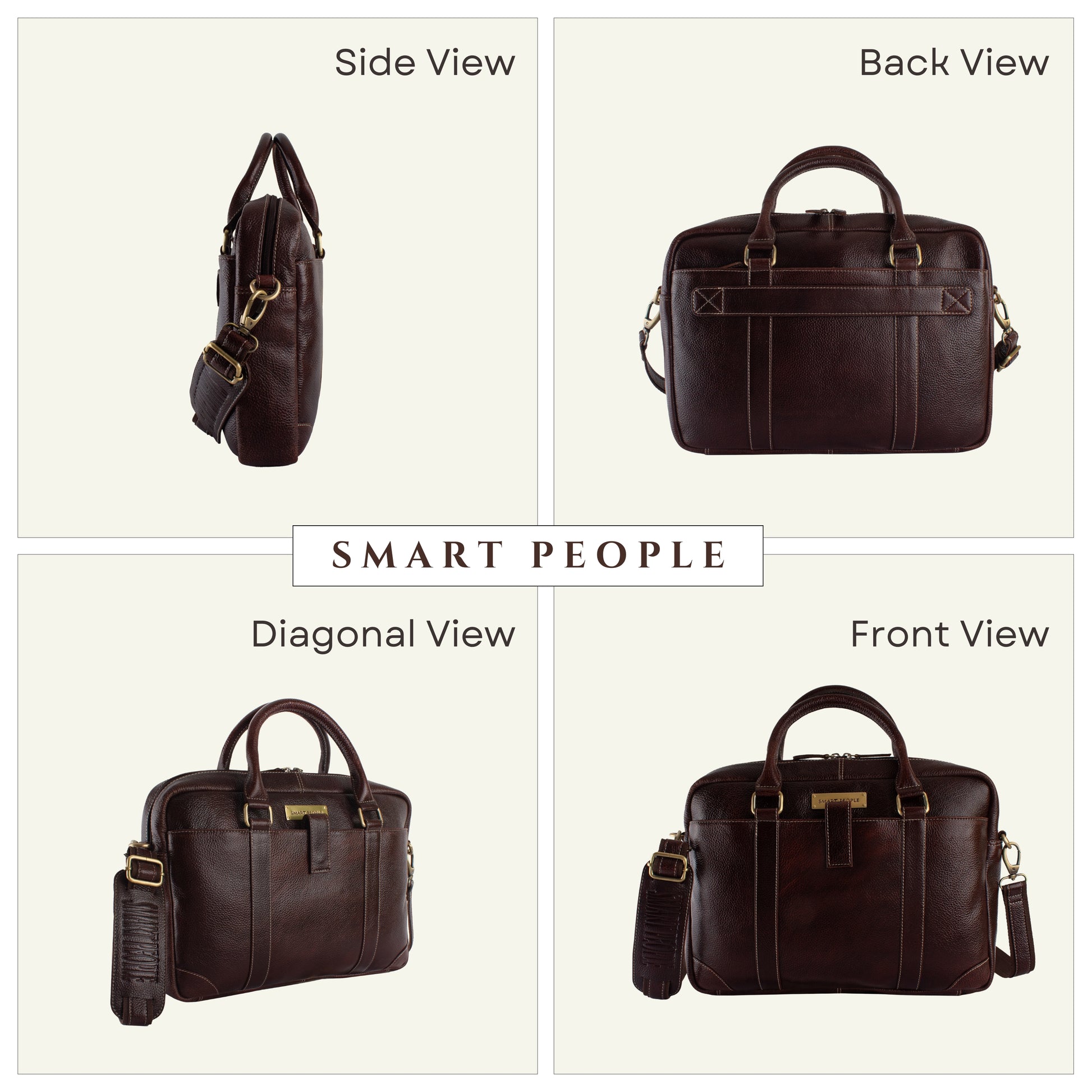 Brown leather briefcase shown from multiple angles on a white background with 'Smart People' branding.