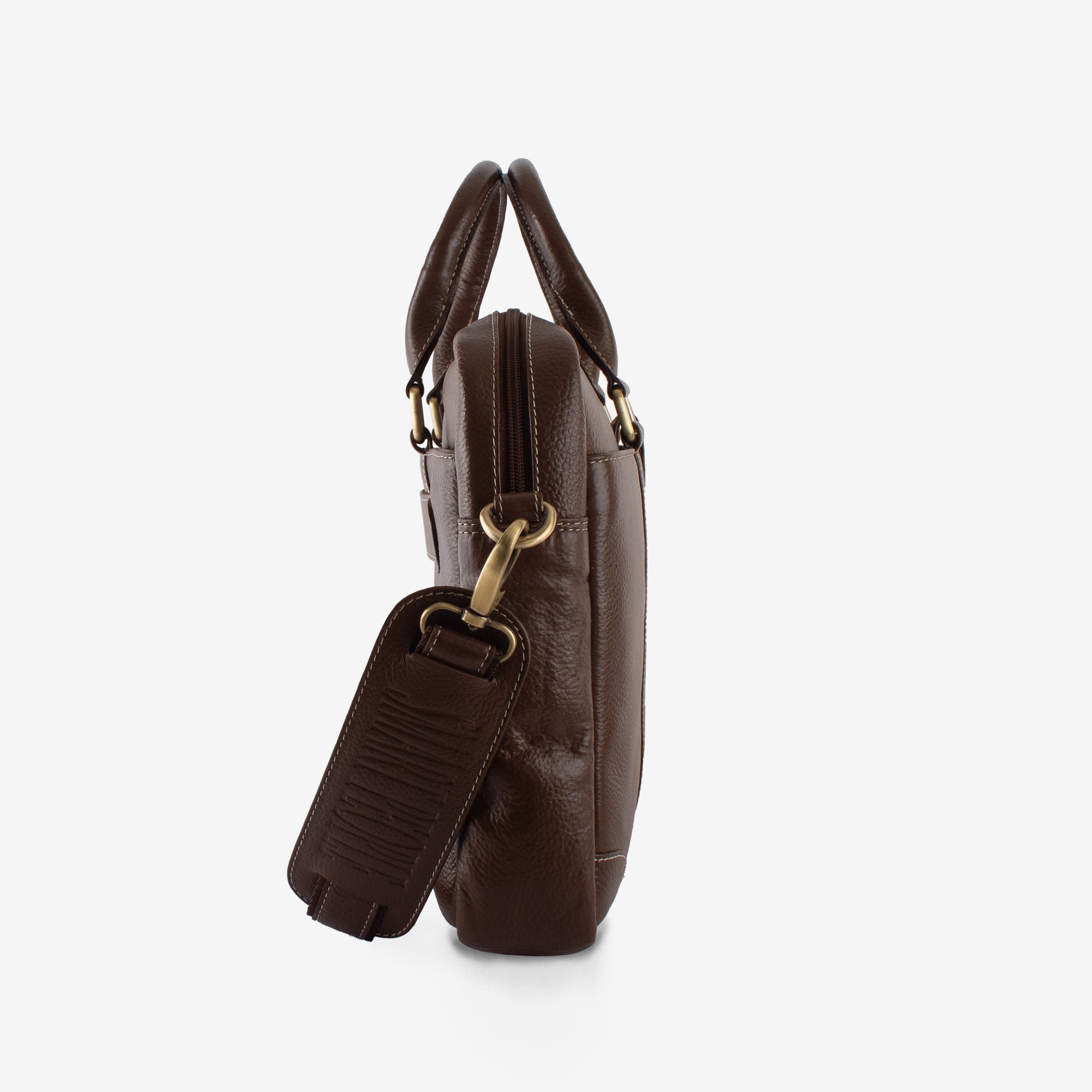 Brown leather handbag with gold accents on a white background