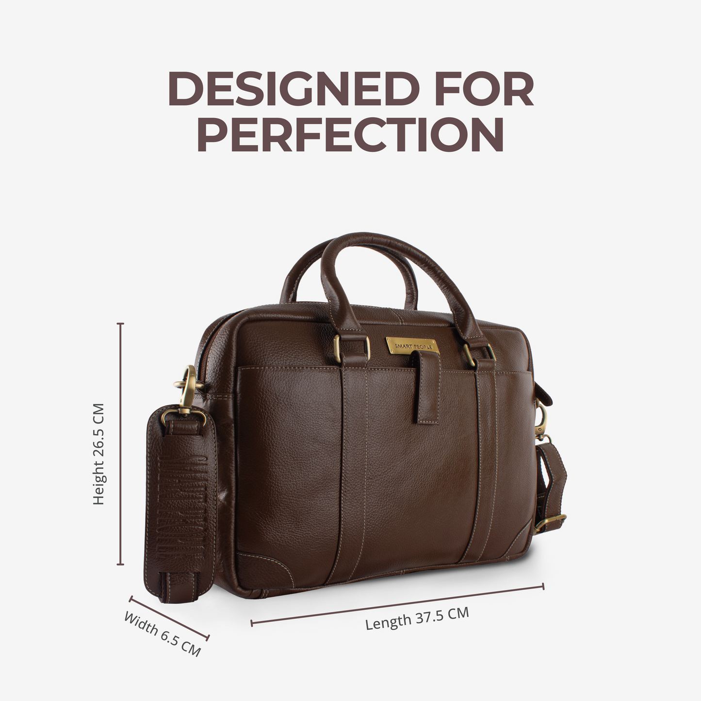 Brown leather briefcase with dimensions on a white background