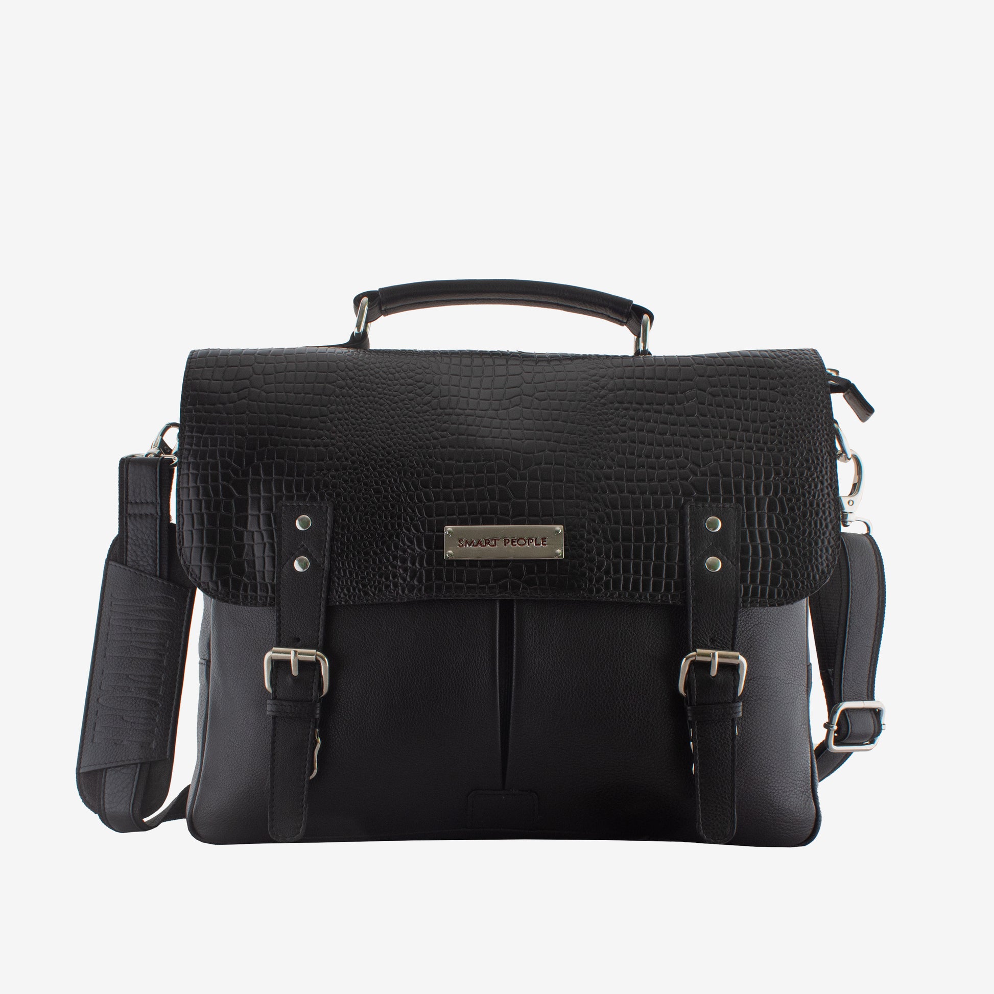 Black leather briefcase with crocodile texture on a white background