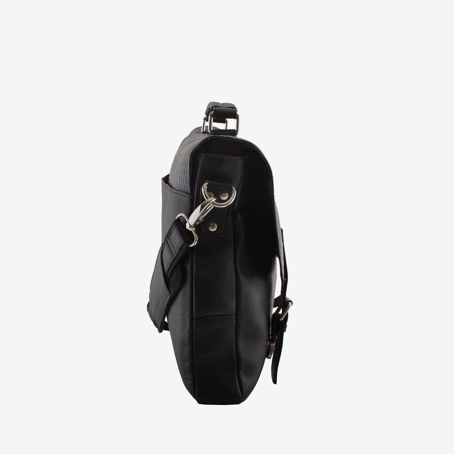 Black leather crossbody bag on a white background