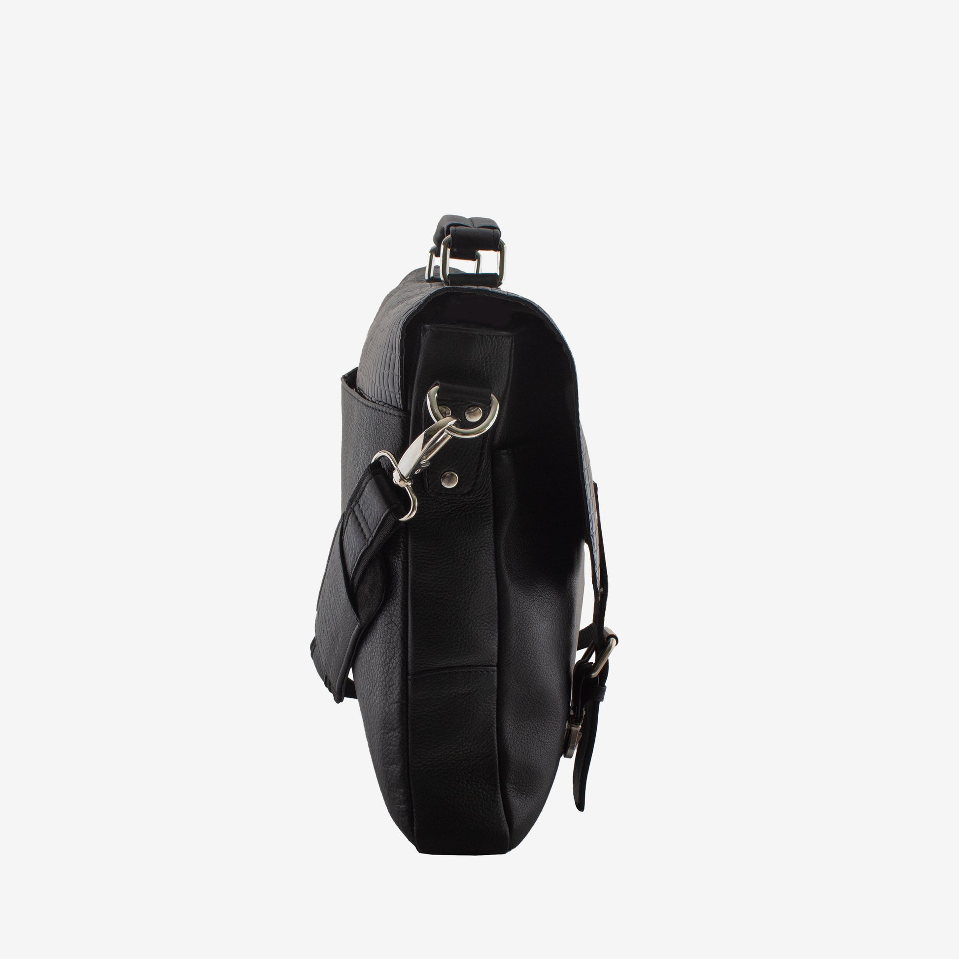 Black leather crossbody bag on a white background