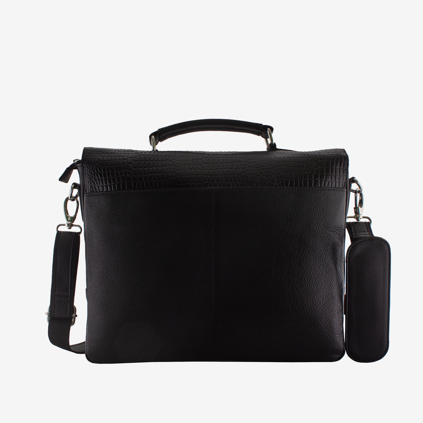 Black leather briefcase with shoulder strap on a white background