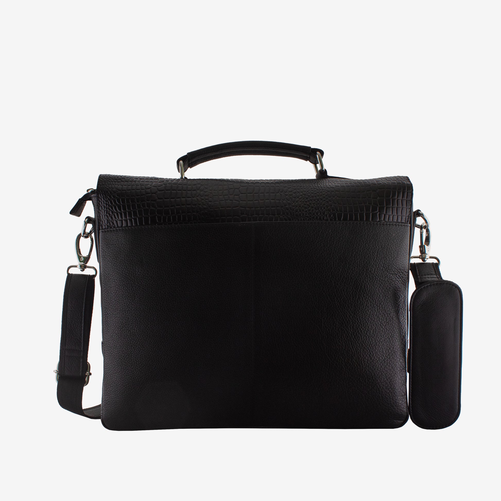 Black leather briefcase with shoulder strap on a white background