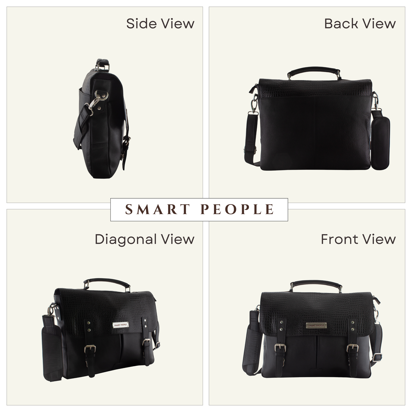 Black bag shown from multiple angles with 'Smart People' branding.