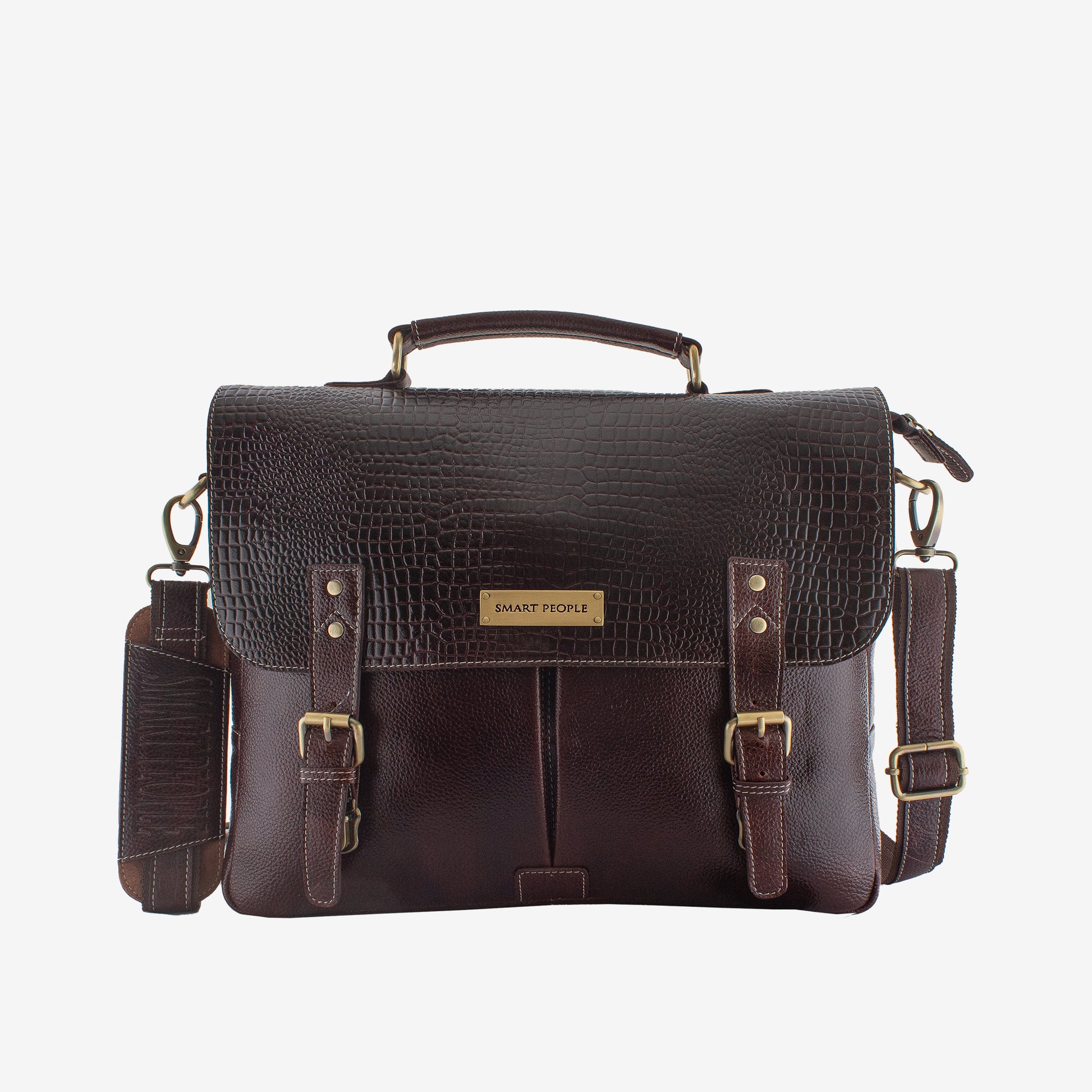 Brown leather satchel bag with gold accents on a white background