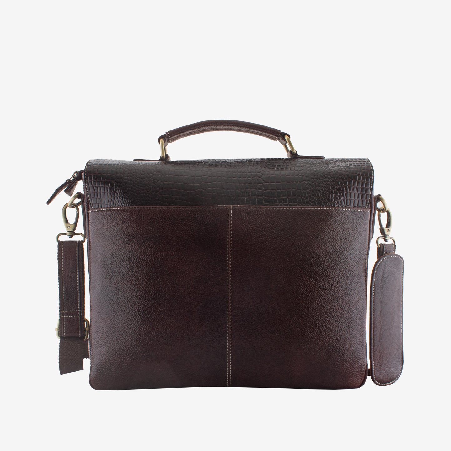 Brown leather briefcase with shoulder strap on a white background