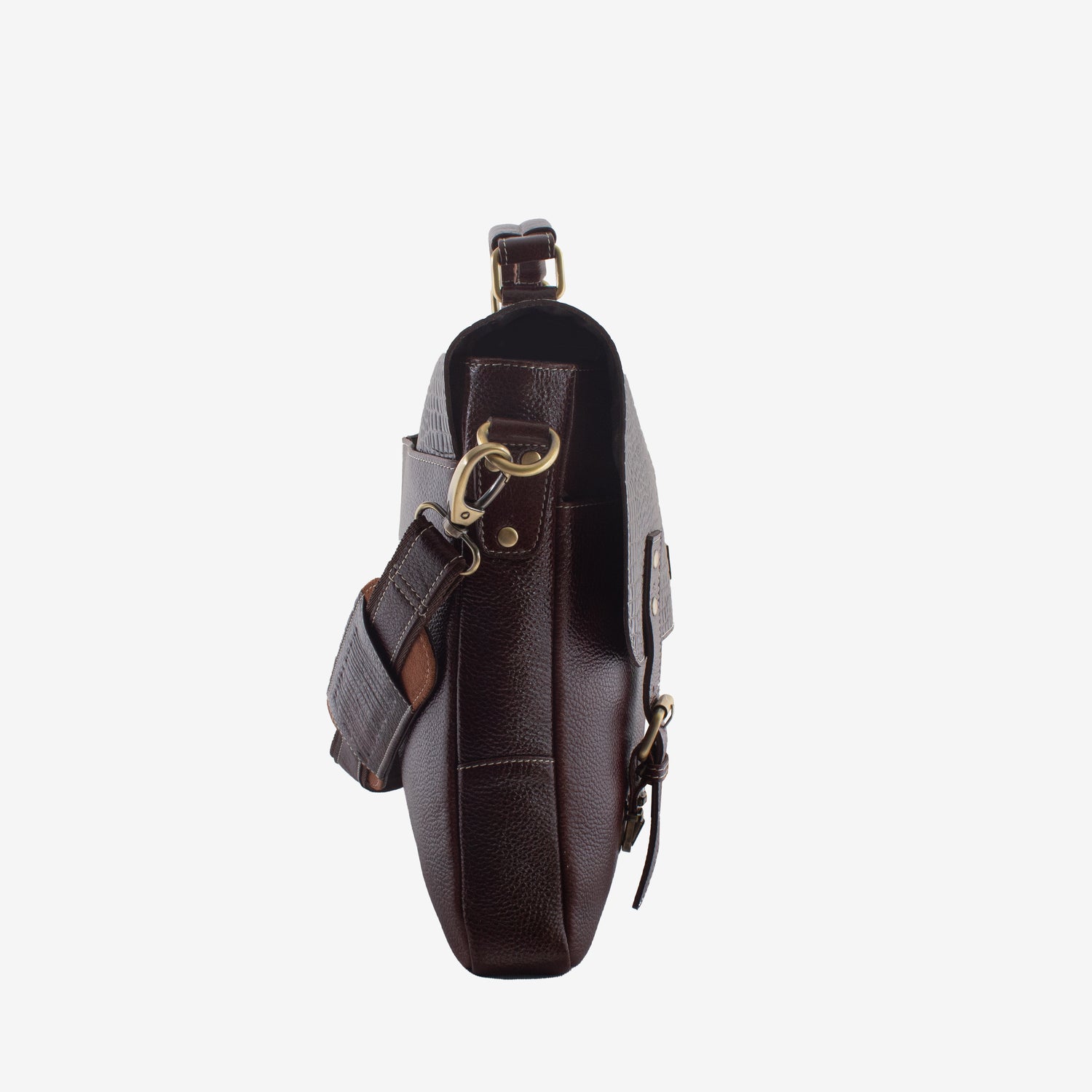Brown leather crossbody bag with gold accents on a white background
