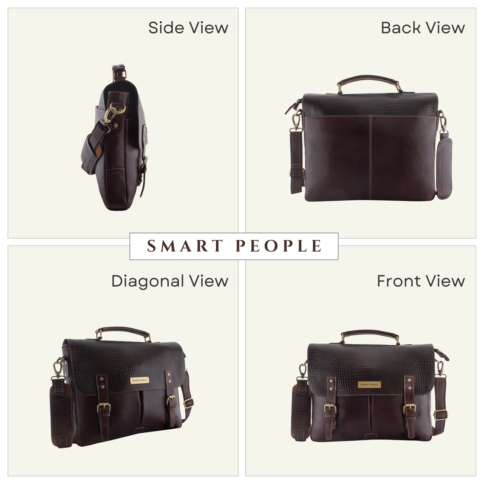 Brown leather briefcase shown from multiple angles on a white background with 'Smart People' branding.