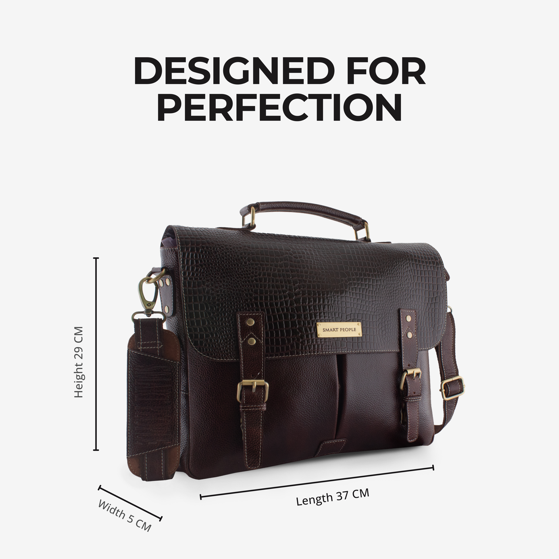 Brown leather briefcase with measurements on a white background