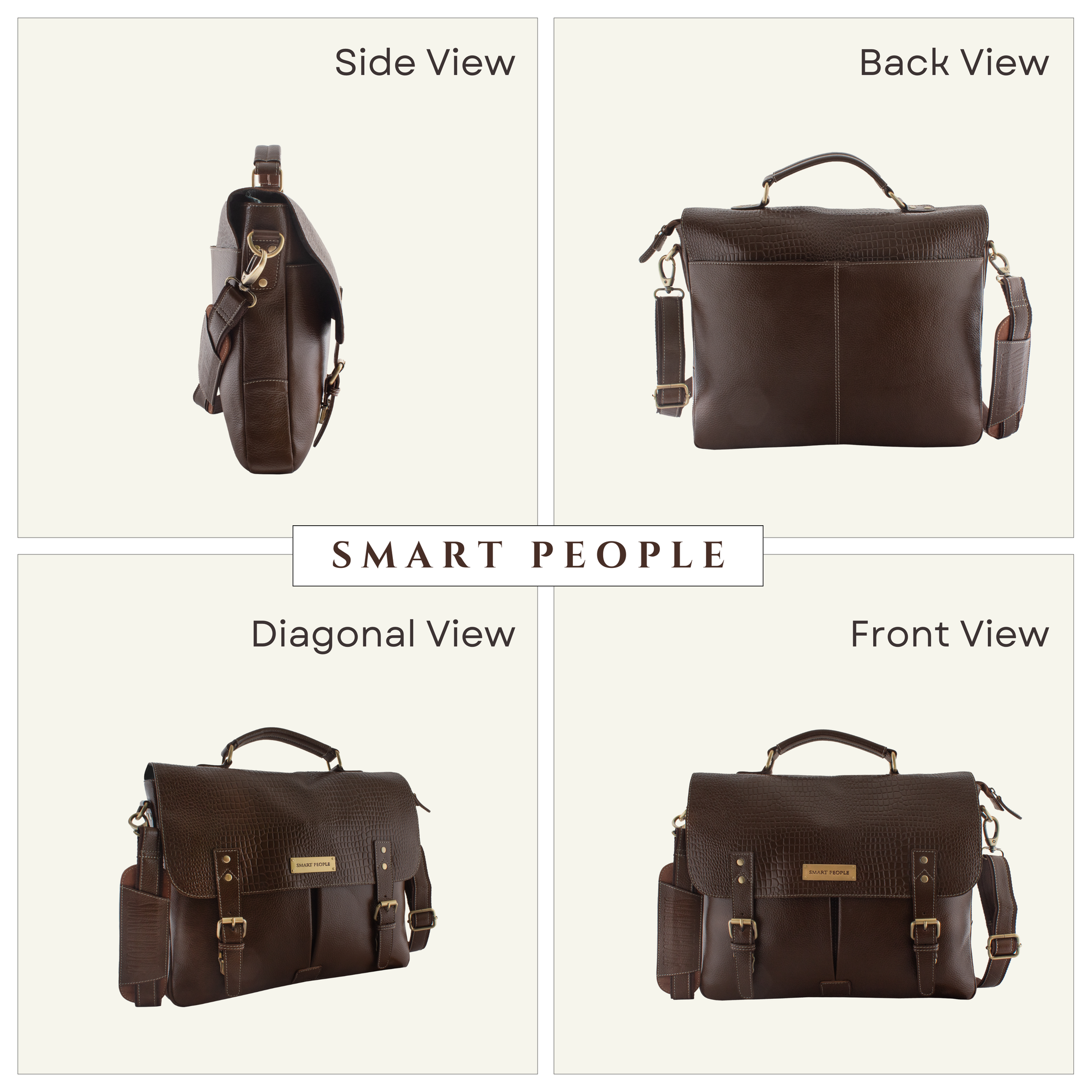 Brown leather bag shown from multiple angles on a white background