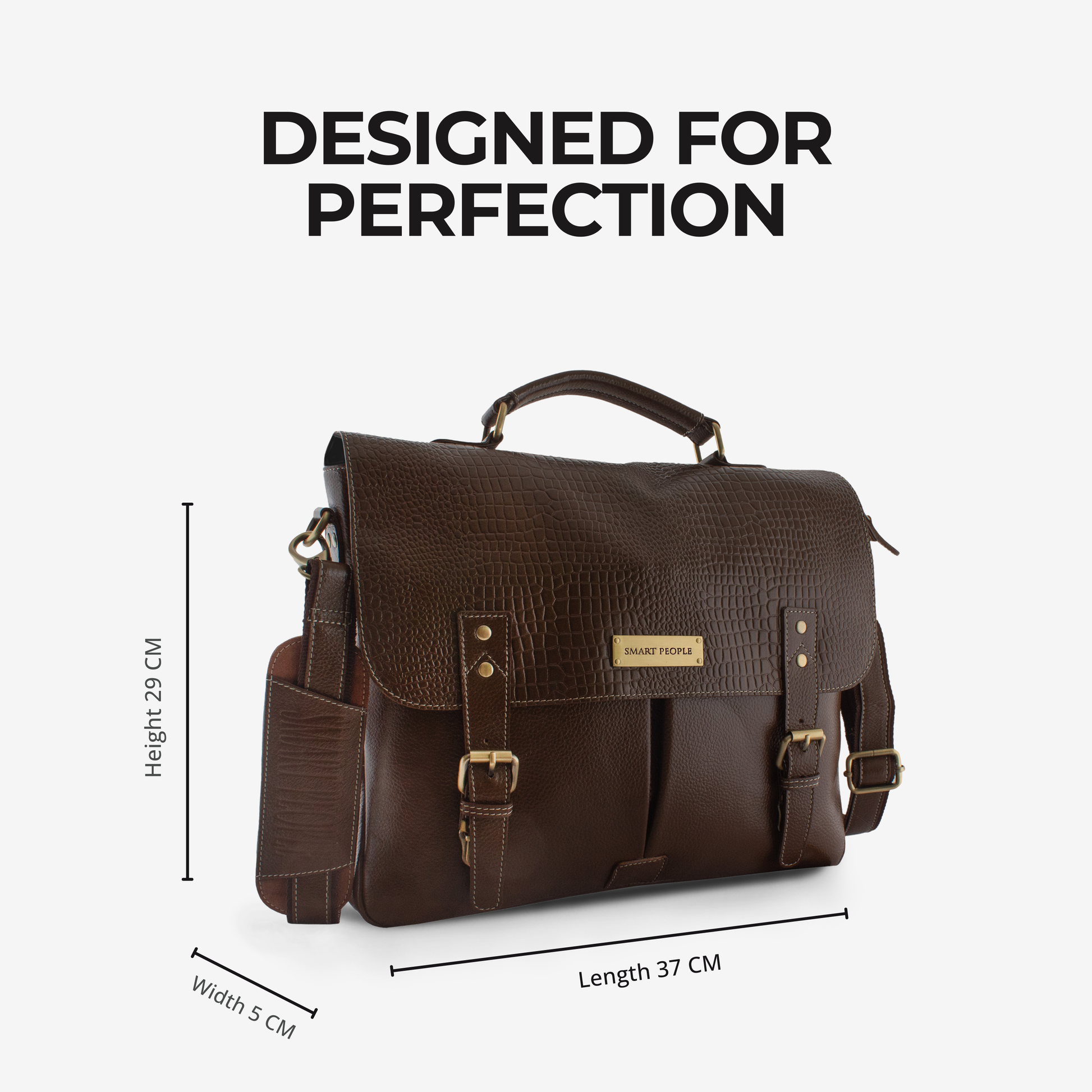 Brown leather bag with dimensions on a white background