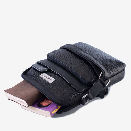 Voyager Black Genuine Leather Crossbody Bag for Men – Side View | Smart People India