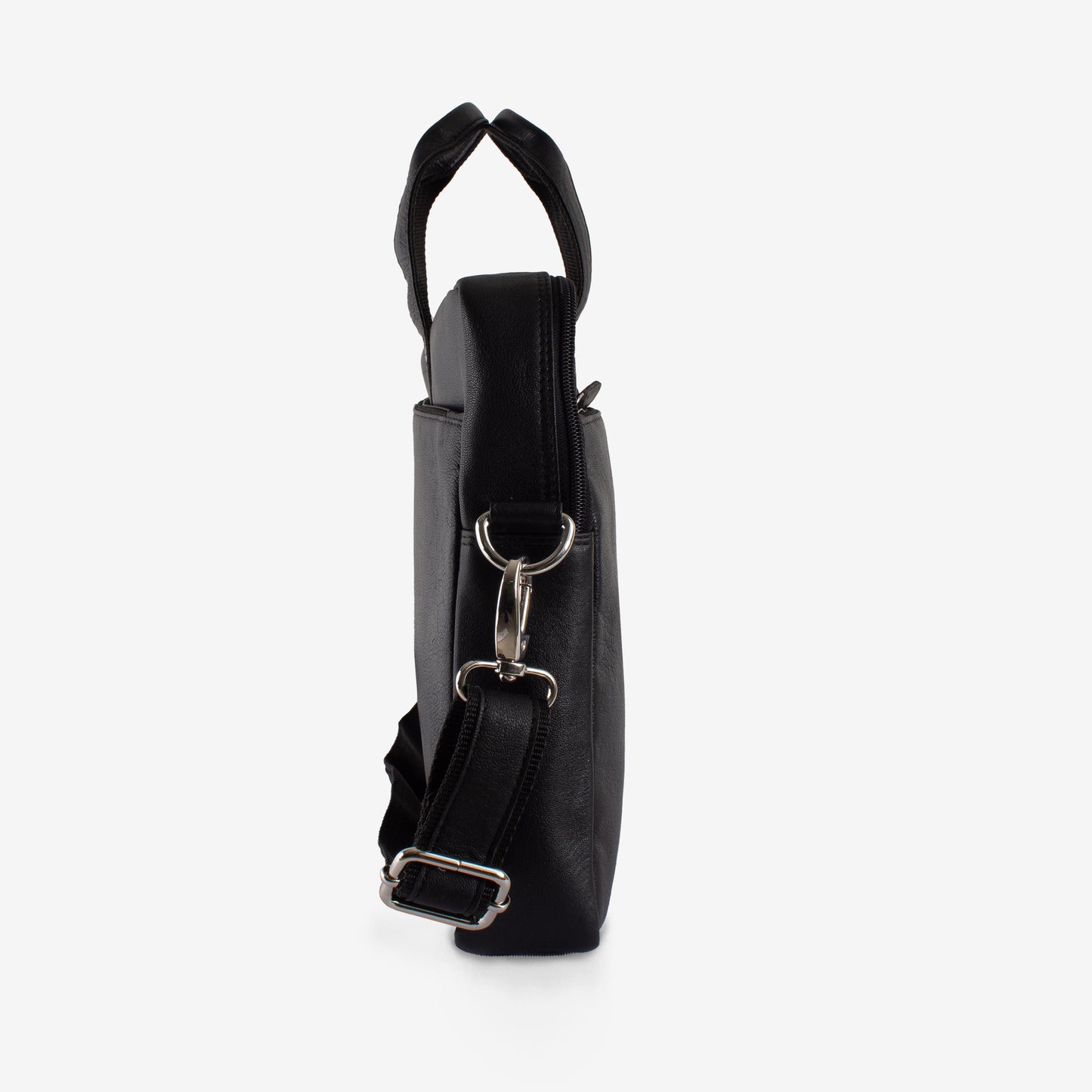 Black leather bag with a strap on a white background