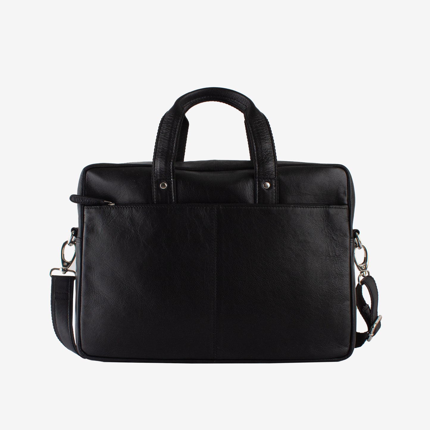Black leather briefcase with shoulder strap on a white background