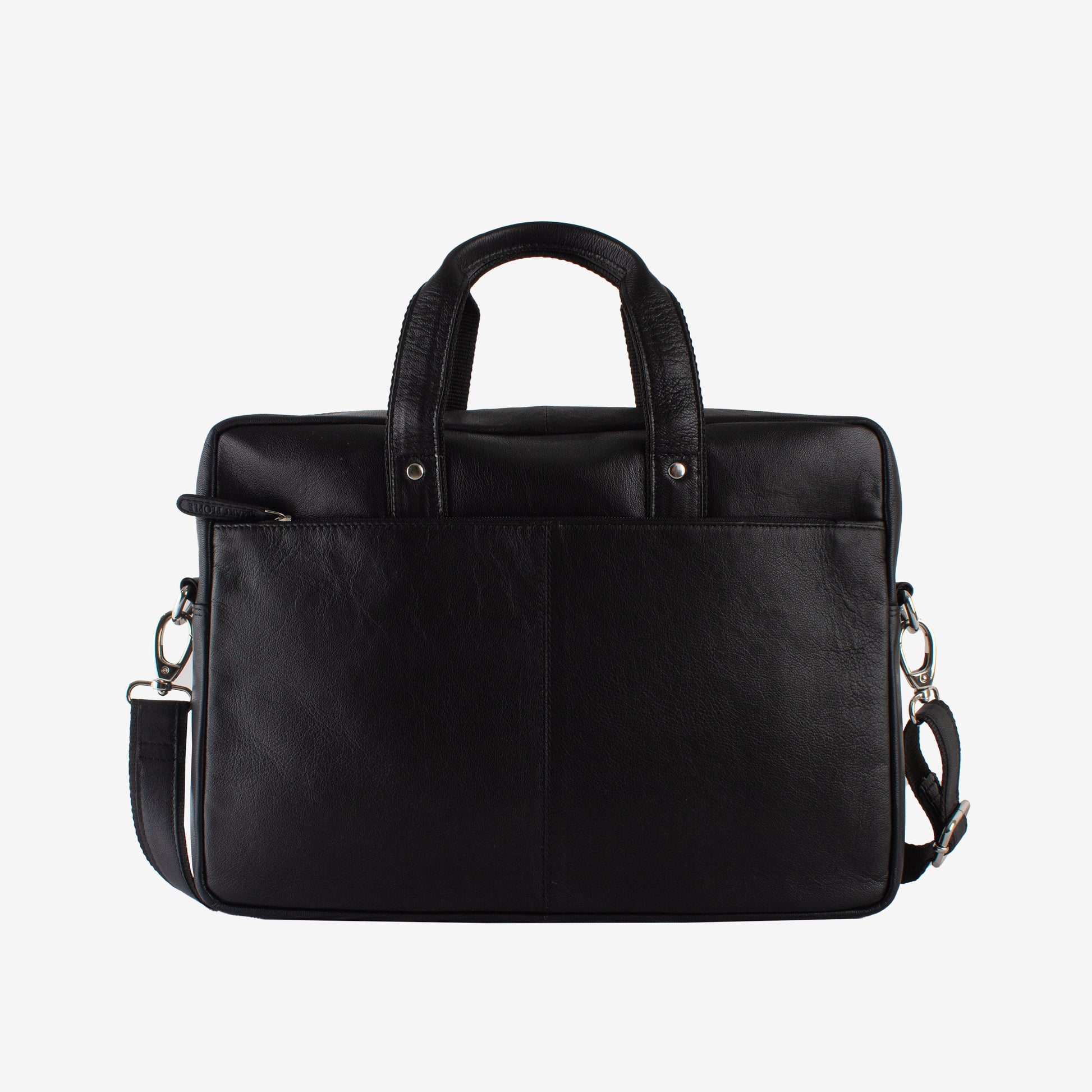 Black leather briefcase with shoulder strap on a white background