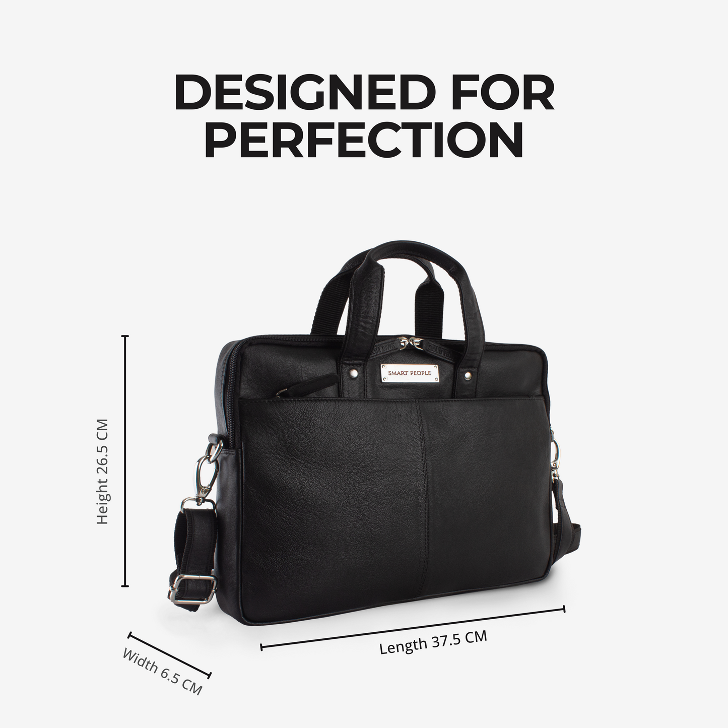 Black briefcase with dimensions on a white background