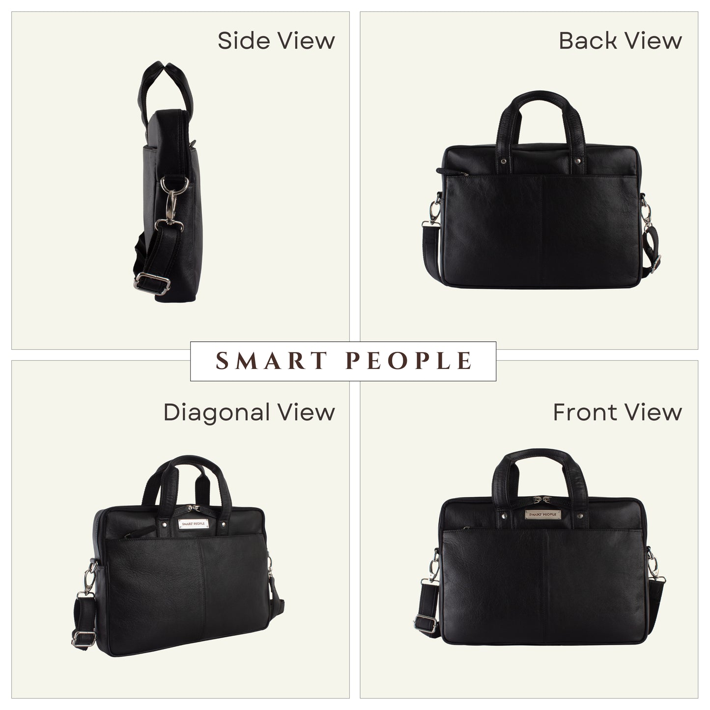 Black briefcase shown from multiple angles on a white background with 'Smart People' branding.