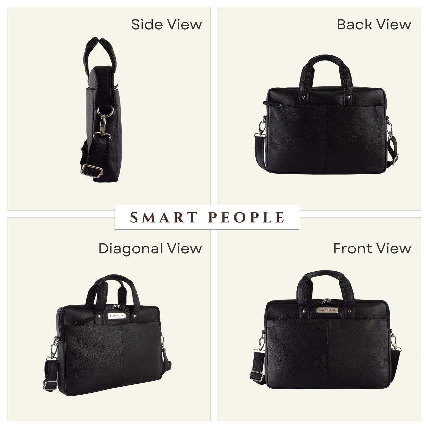 Black briefcase shown from multiple angles on a white background with 'Smart People' branding.
