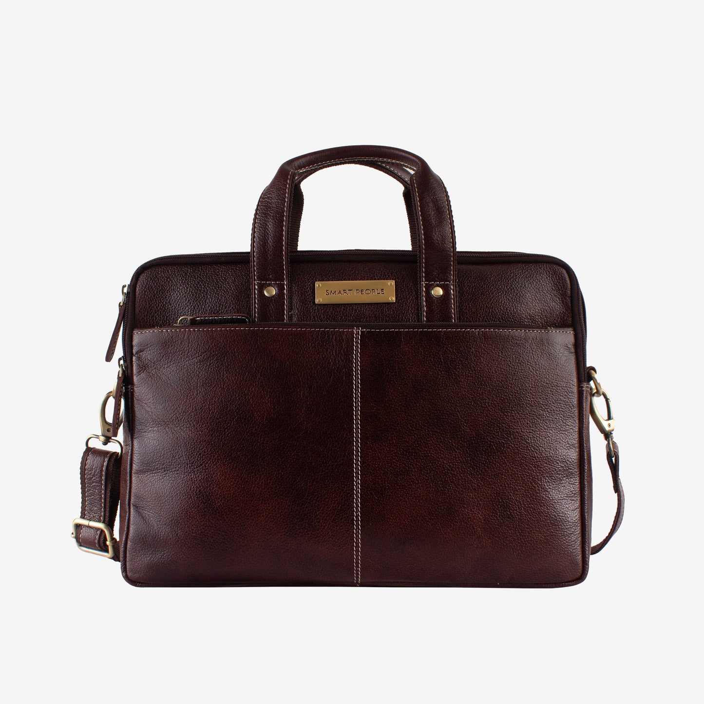 Brown leather briefcase with gold accents on a white background