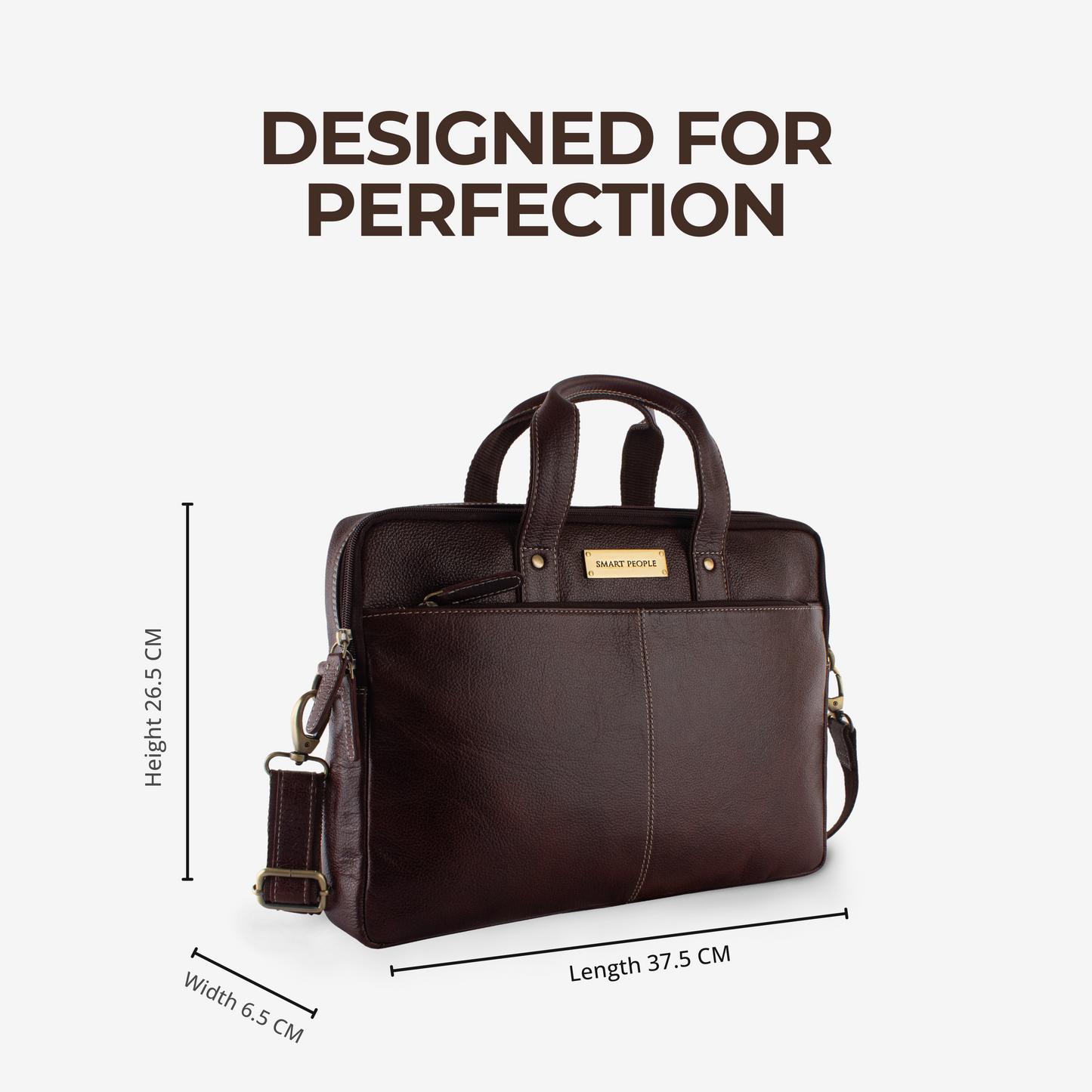 Brown leather briefcase with dimensions on a white background
