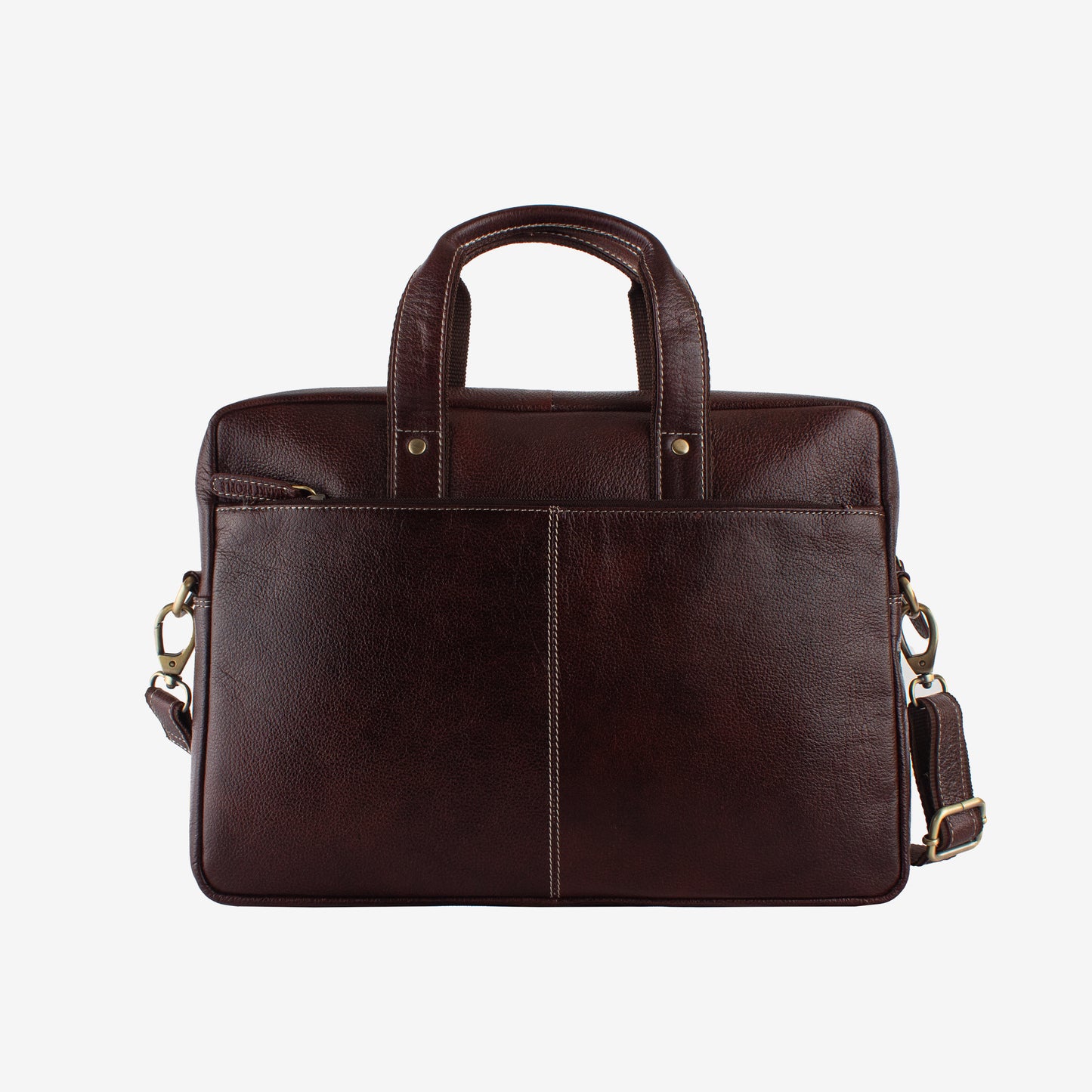 Brown leather briefcase with a shoulder strap on a white background