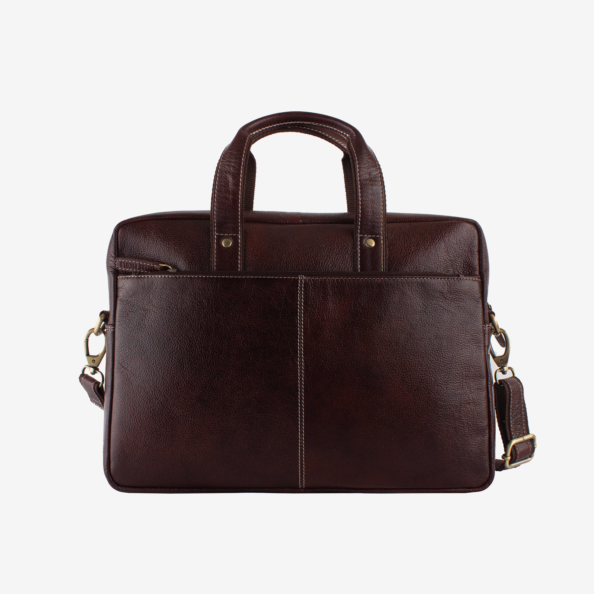 Brown leather briefcase with a shoulder strap on a white background