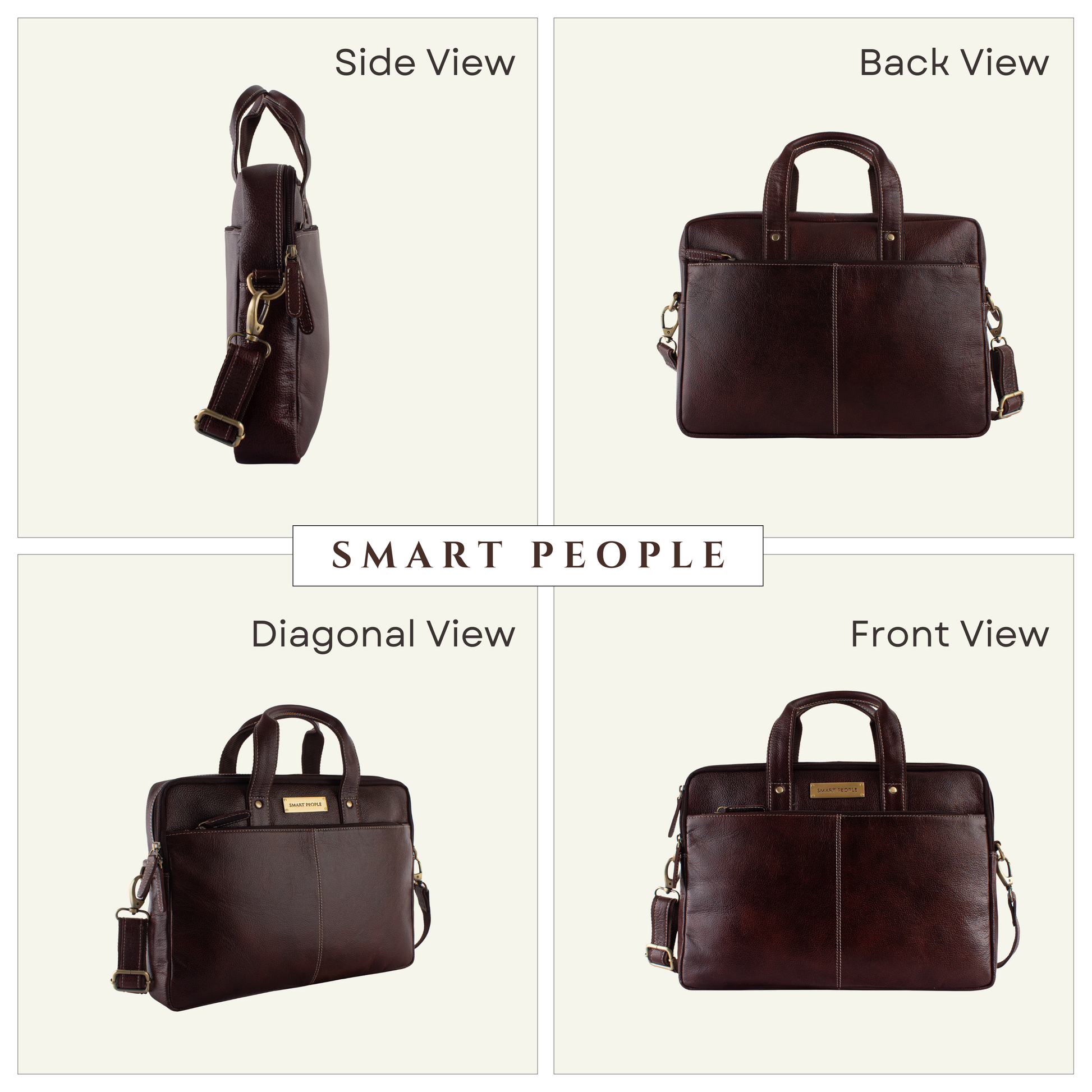 Brown leather briefcase shown from multiple angles with 'Smart People' branding.