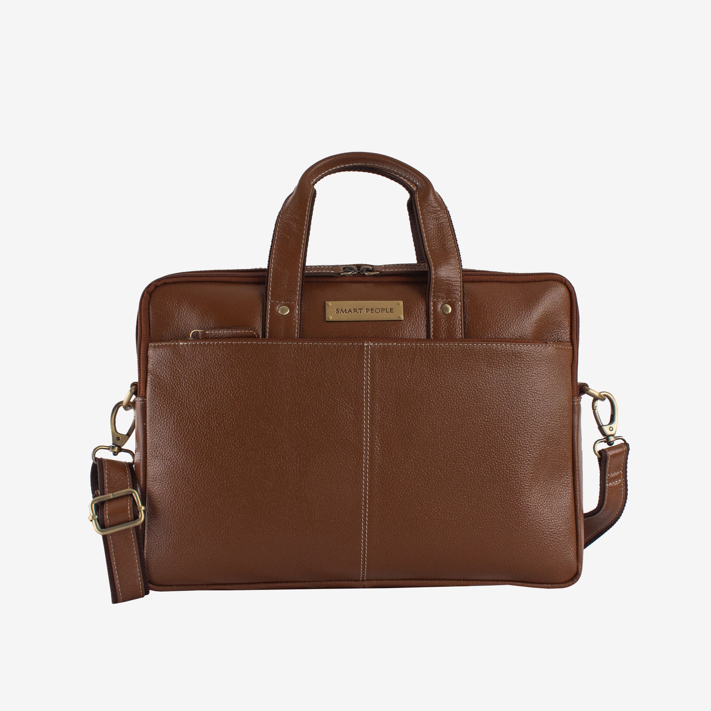 Brown leather briefcase with shoulder strap on a white background