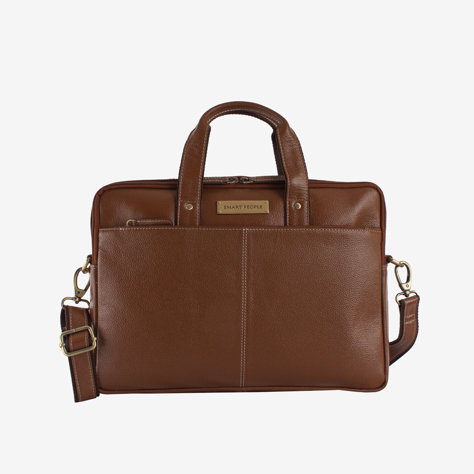 Brown leather briefcase with shoulder strap on a white background