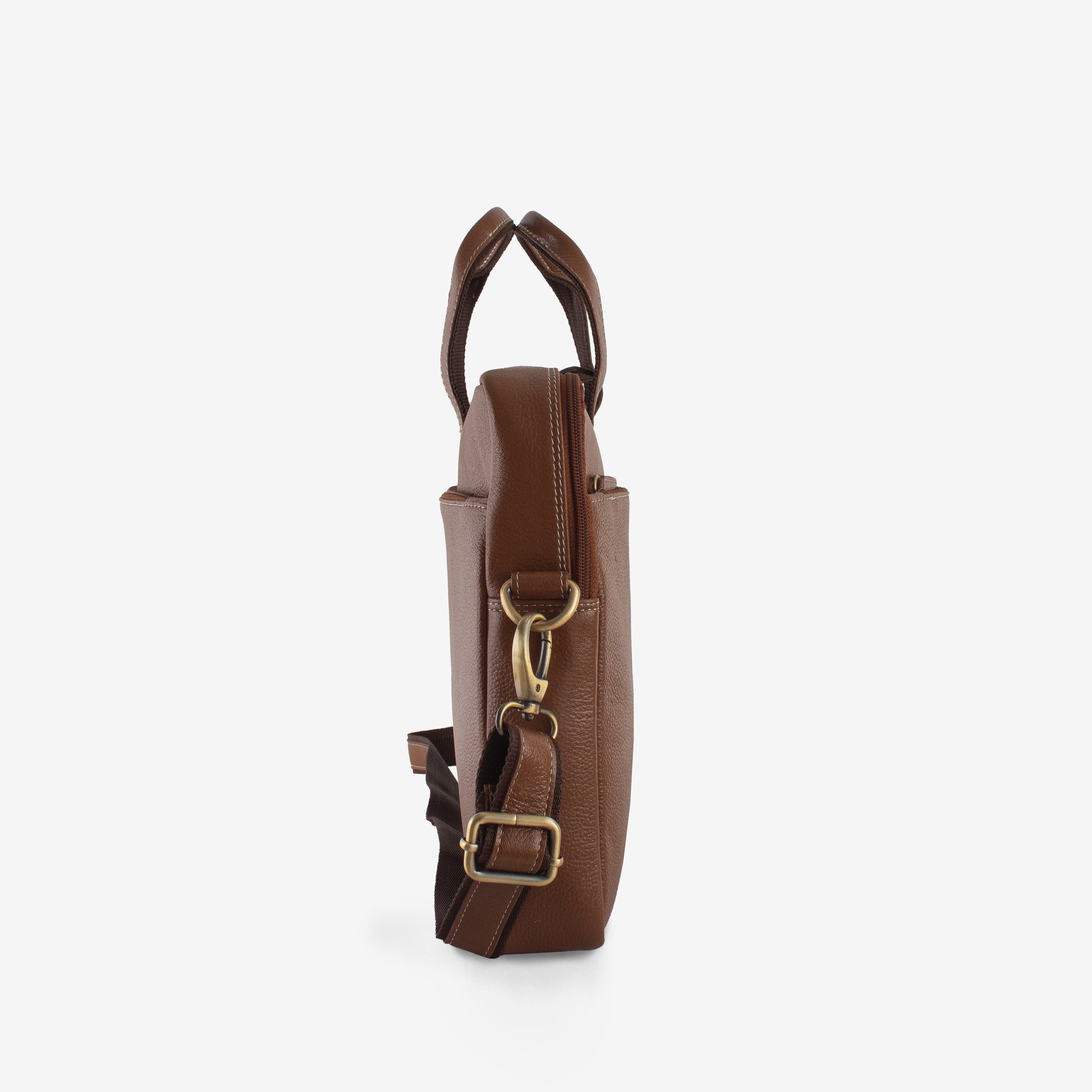 Brown leather bag with gold hardware on a white background
