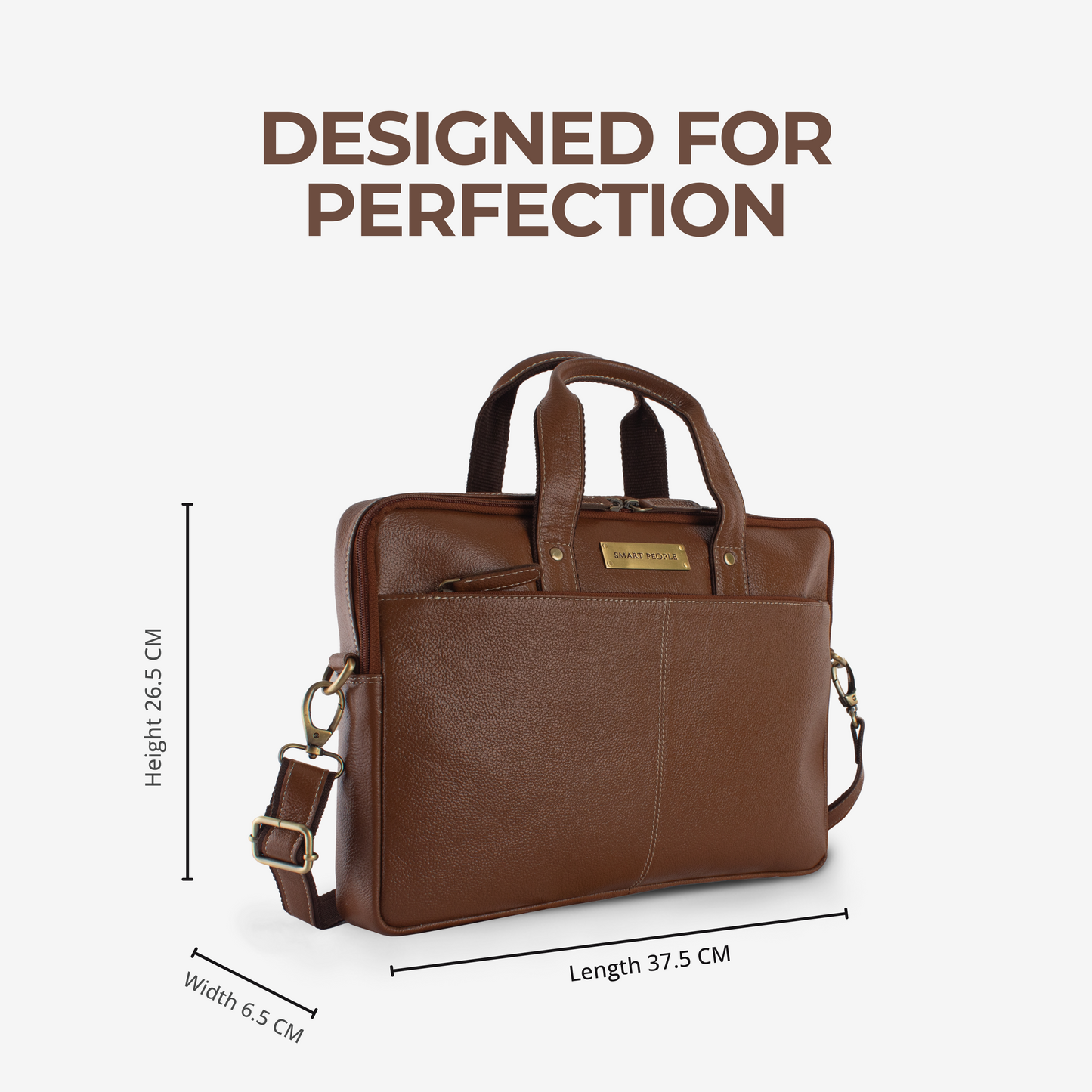 Brown leather briefcase with measurements on a white background