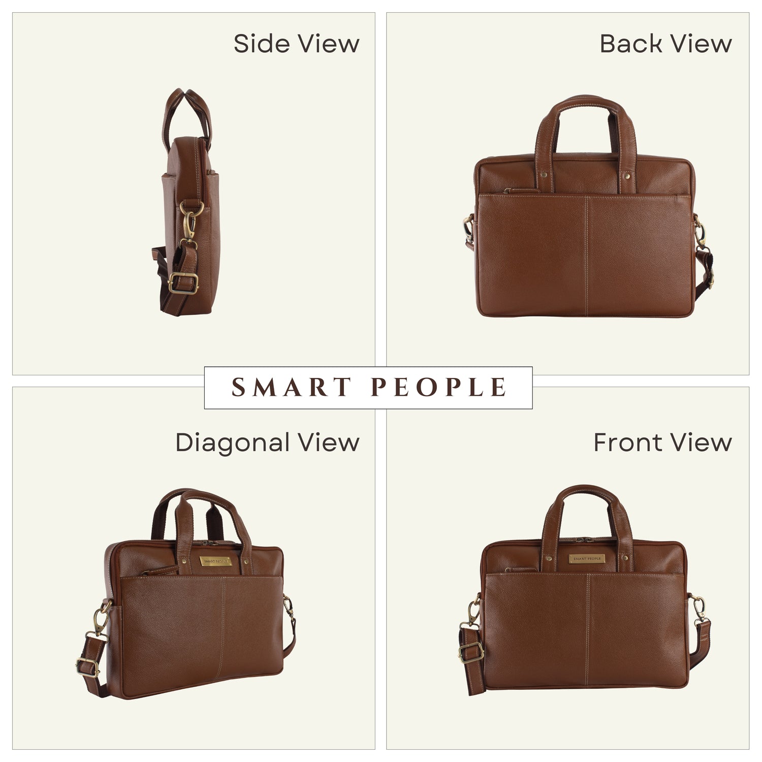 Brown leather briefcase shown from multiple angles on a white background.