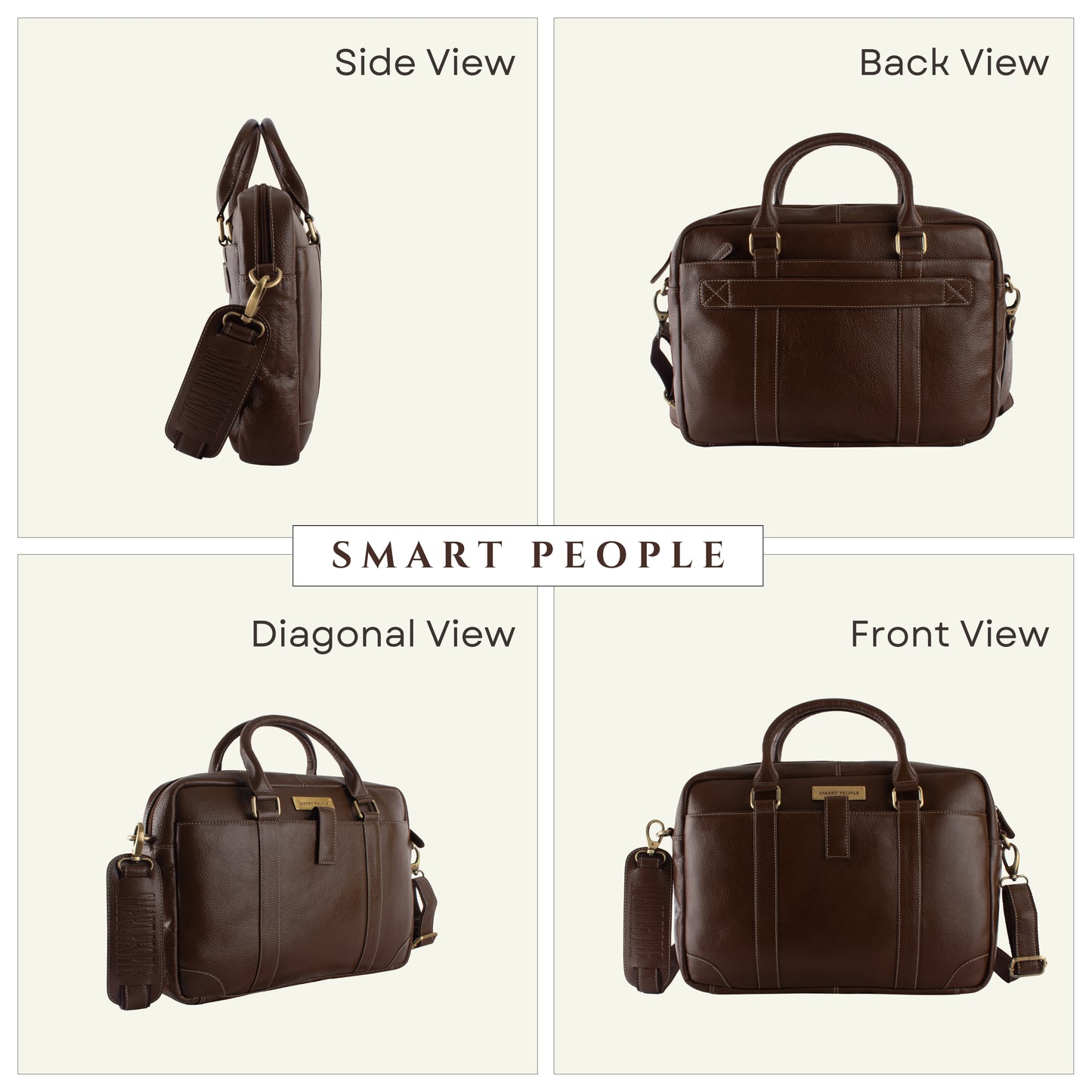 Brown leather bag shown from multiple angles with 'Smart People' branding.