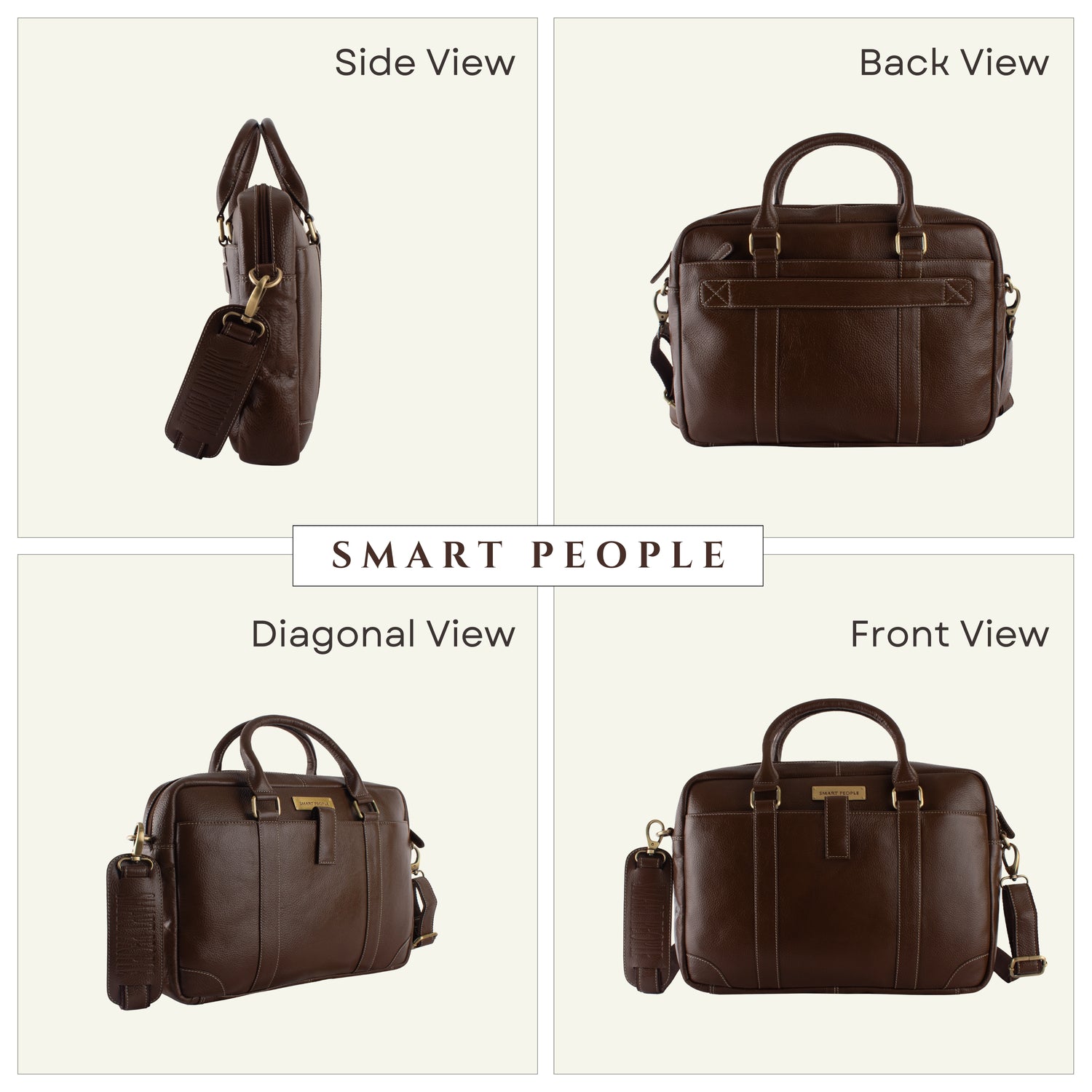 Brown leather bag shown from multiple angles with 'Smart People' branding.