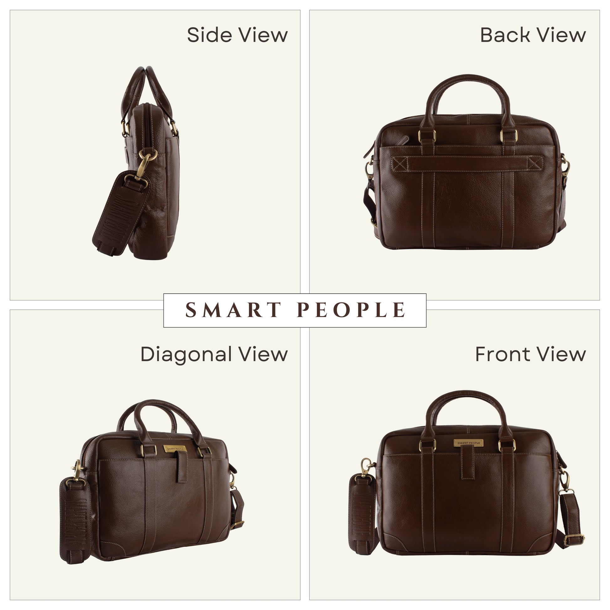 Brown leather bag shown from multiple angles with 'Smart People' branding.